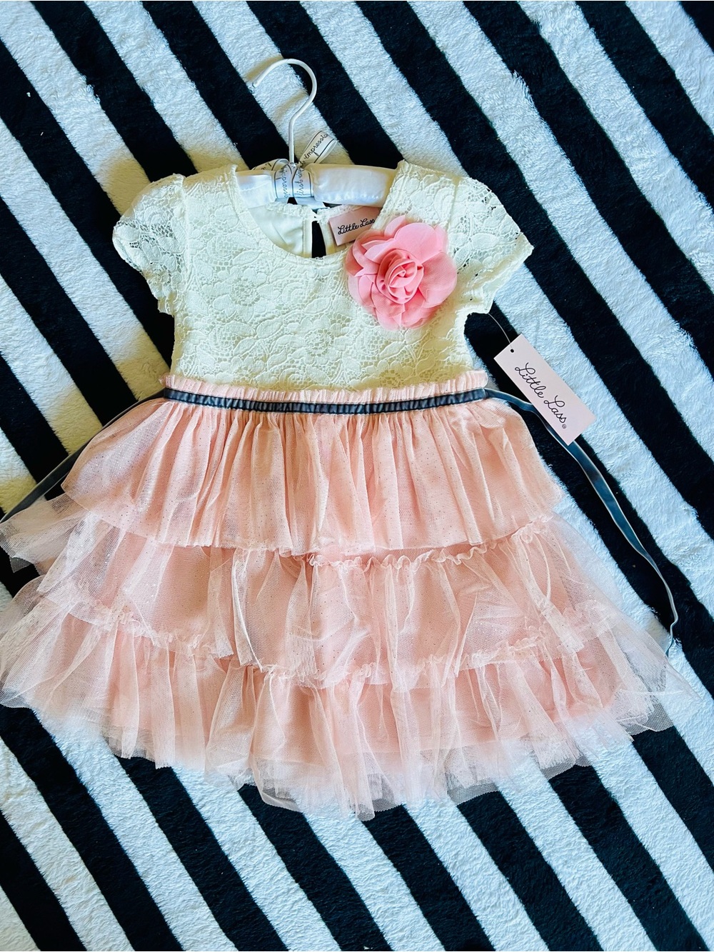 Little Lass Ivory Lace & Pink Tulle Dress with Navy Trim